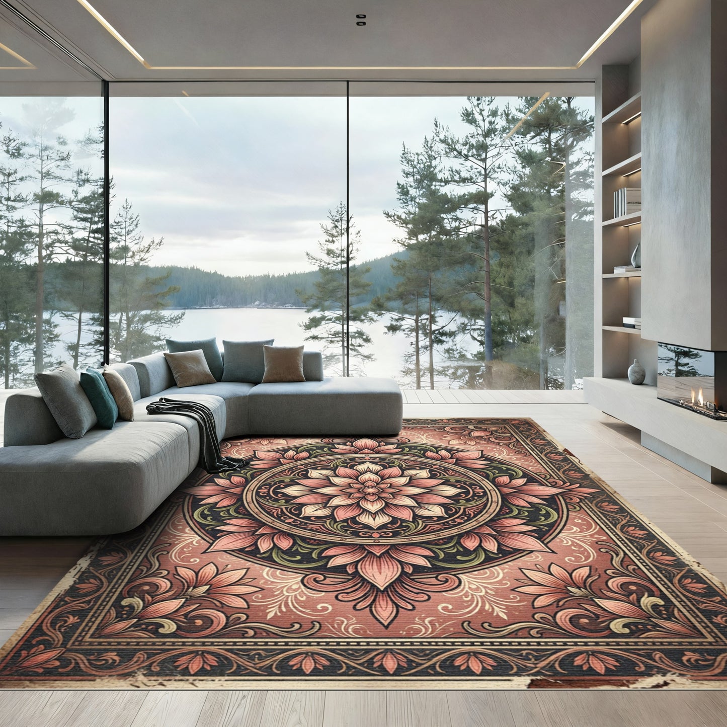 Vintage Blush Pink Floral Medallion Rug