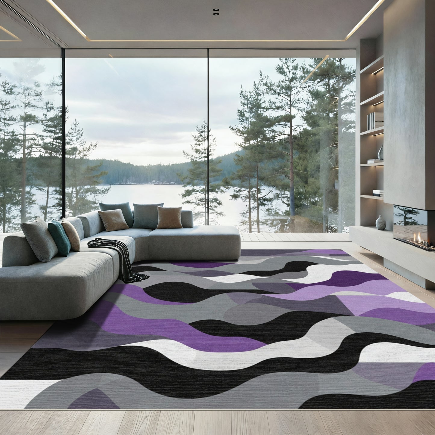 Abstract Purple Gray Wave Landscape Rug