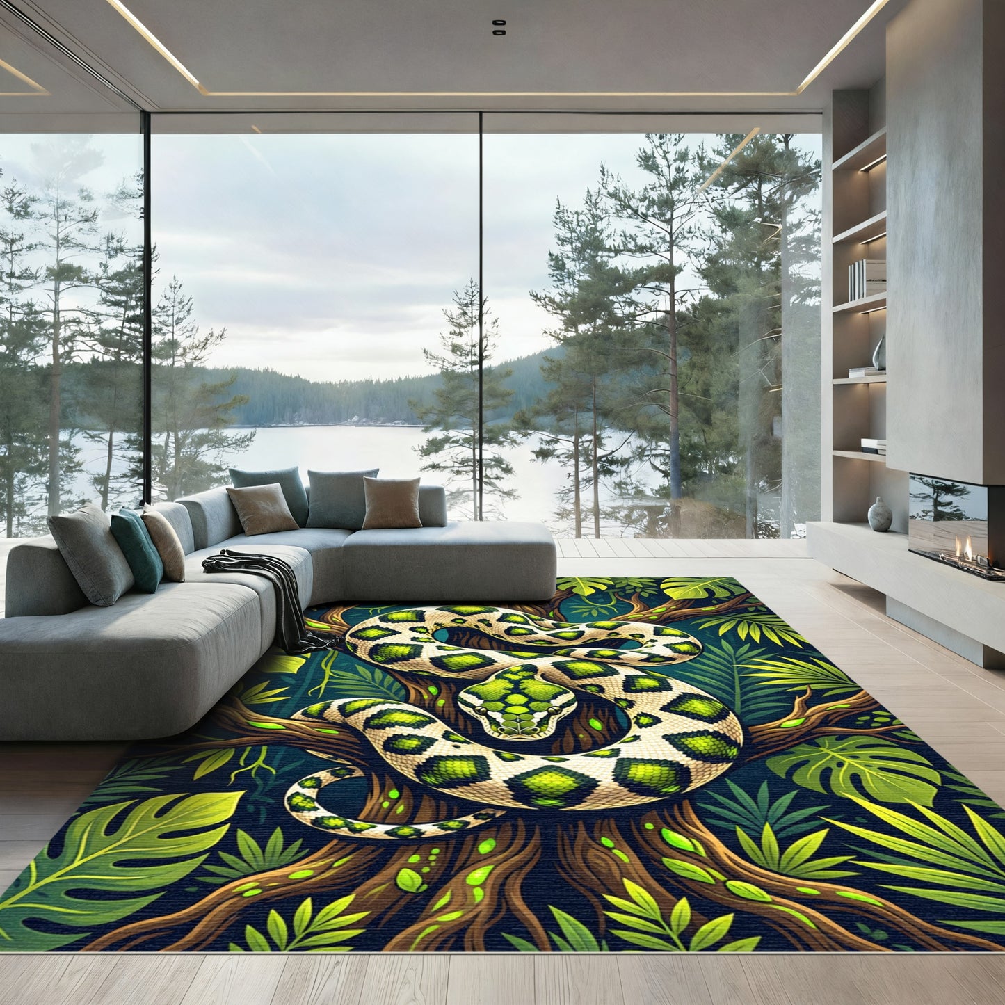Vibrant Green Snake Jungle Scene Rug