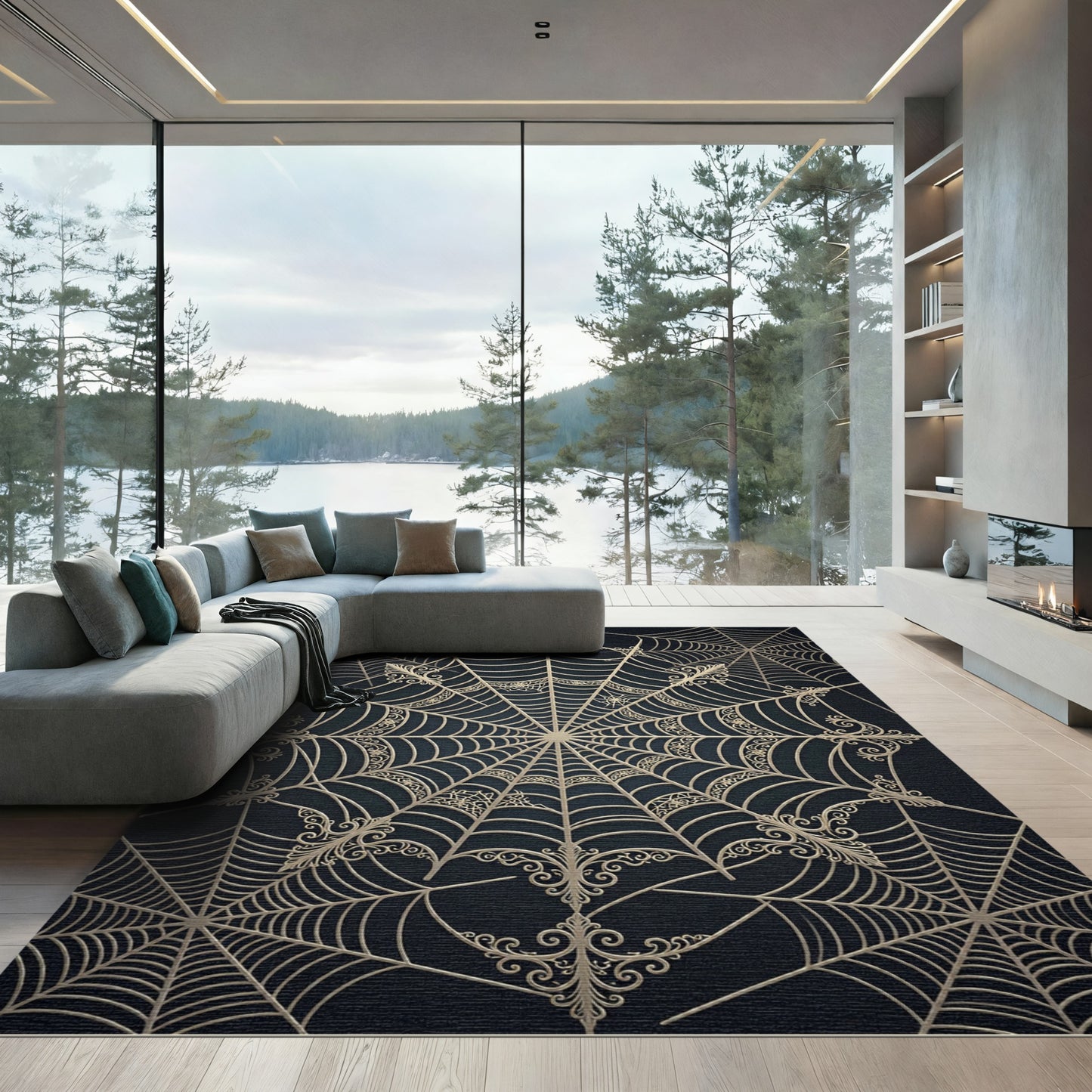 Golden Filigree Spiderweb Art Rug