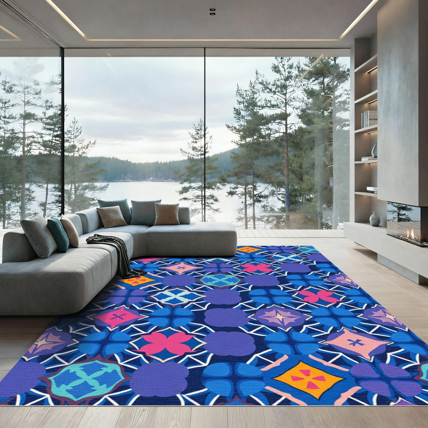 Vibrant Indigo Geometric Medallion Rug
