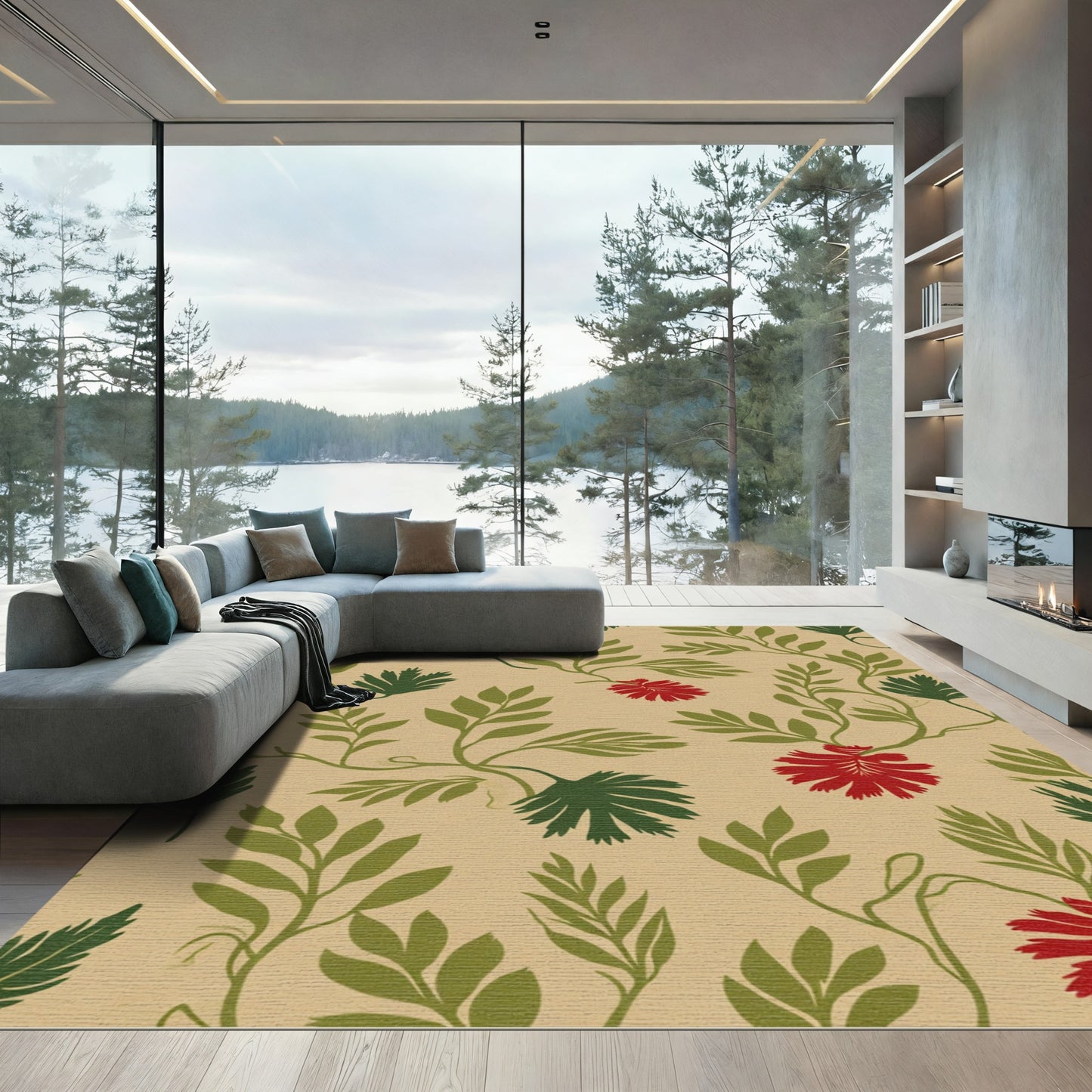Red Green Vine Floral Serene Rug