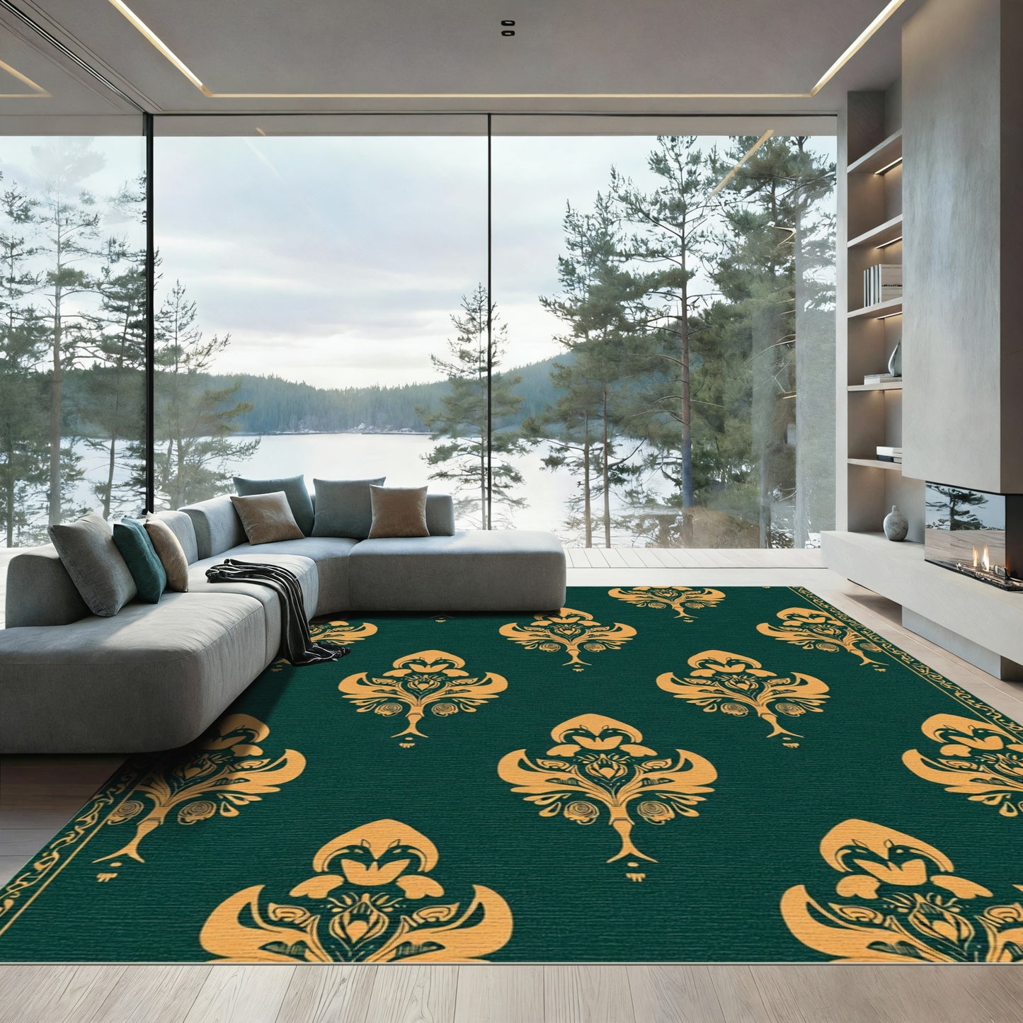 Emerald Gold Scroll Medallion Rug