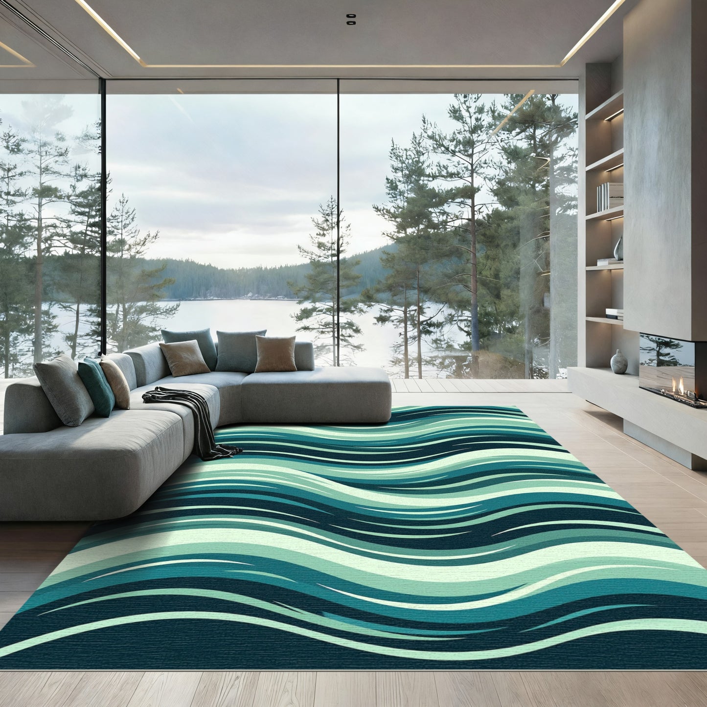 Deep Teal Aqua Wave Harmony Rug