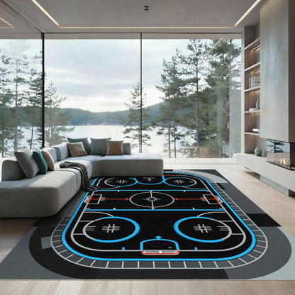 Minimalist Black and Blue Hockey Rink Rug