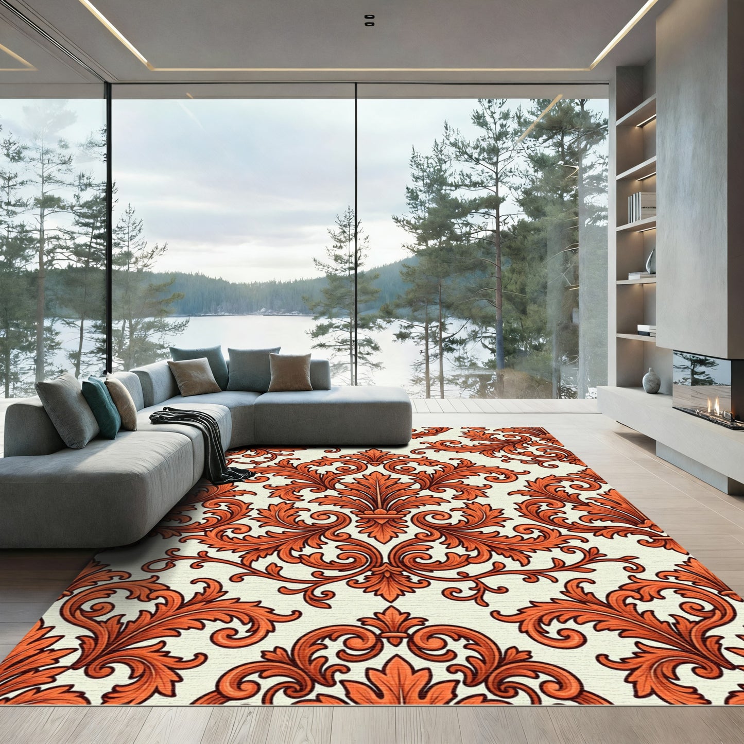 Terracotta Ornate Acanthus Leaf Damask Rug