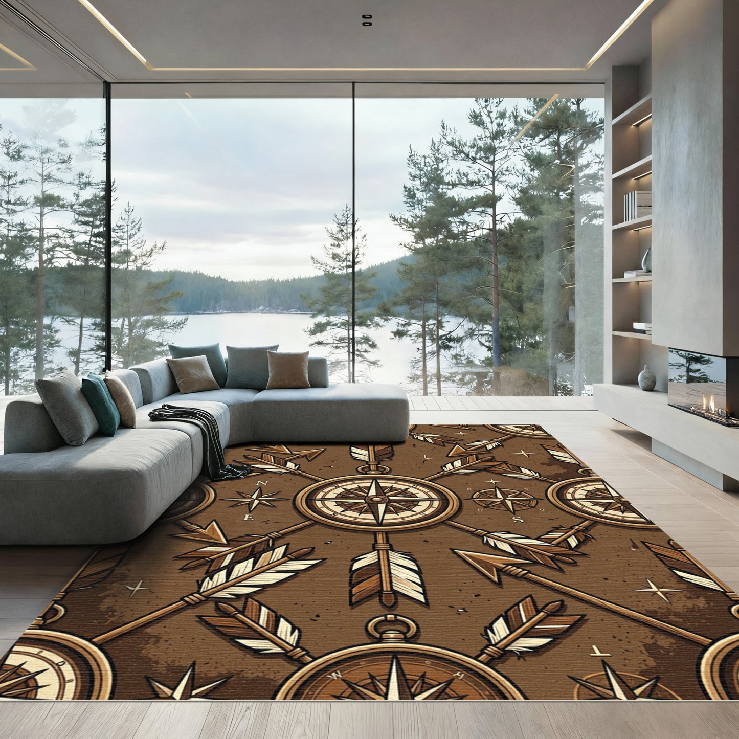 Rustic Bronze Compass And Arrow Grid Rug