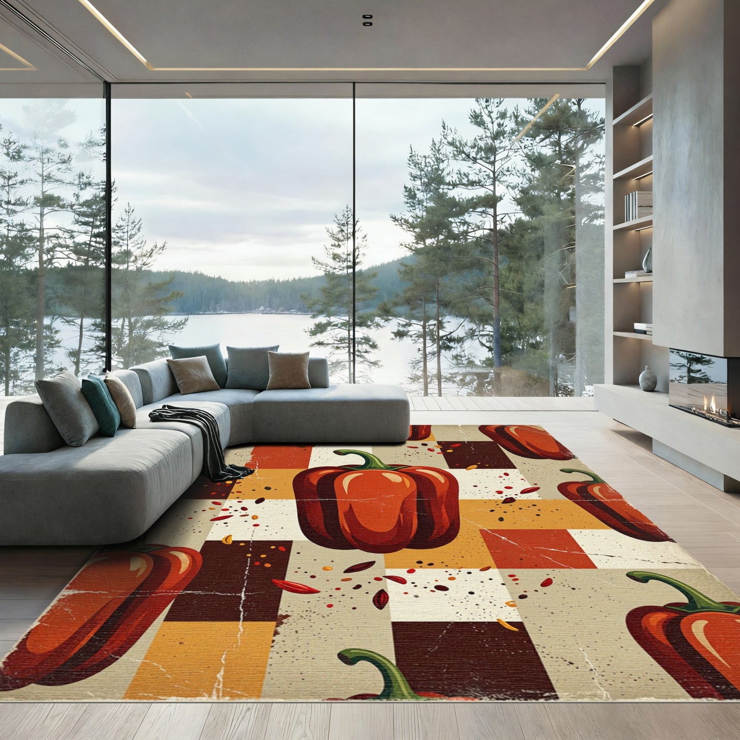 Retro Red Pepper Geometric Checkered Composition Rug
