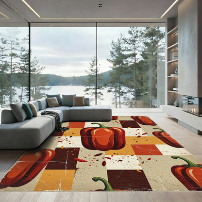 Retro Red Pepper Geometric Checkered Composition Rug