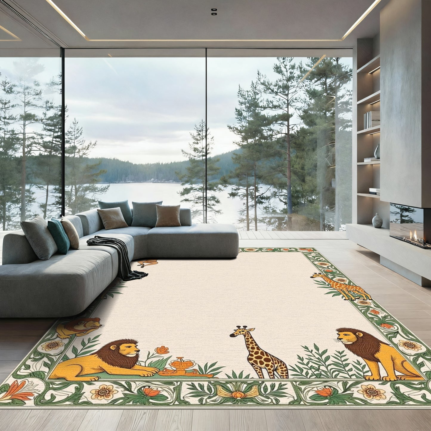 Safari Animals Florals Botanical Frame Rug