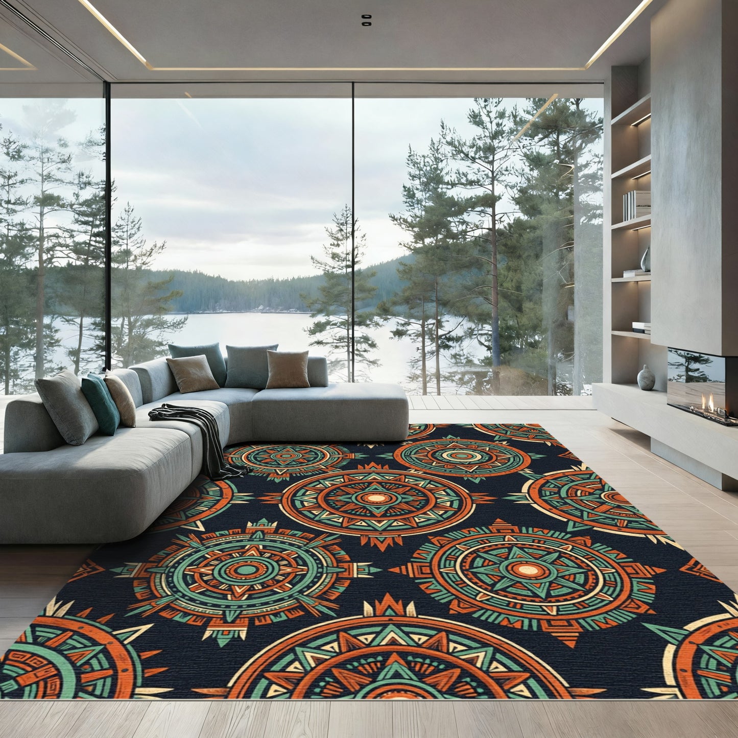 Bold Orange Teal Sunburst Medallion Rug