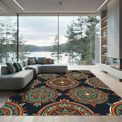 Bold Orange Teal Sunburst Medallion Rug