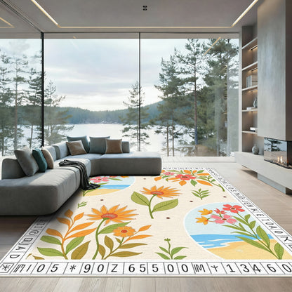 Coral Pink Floral Coastal Scene Rug