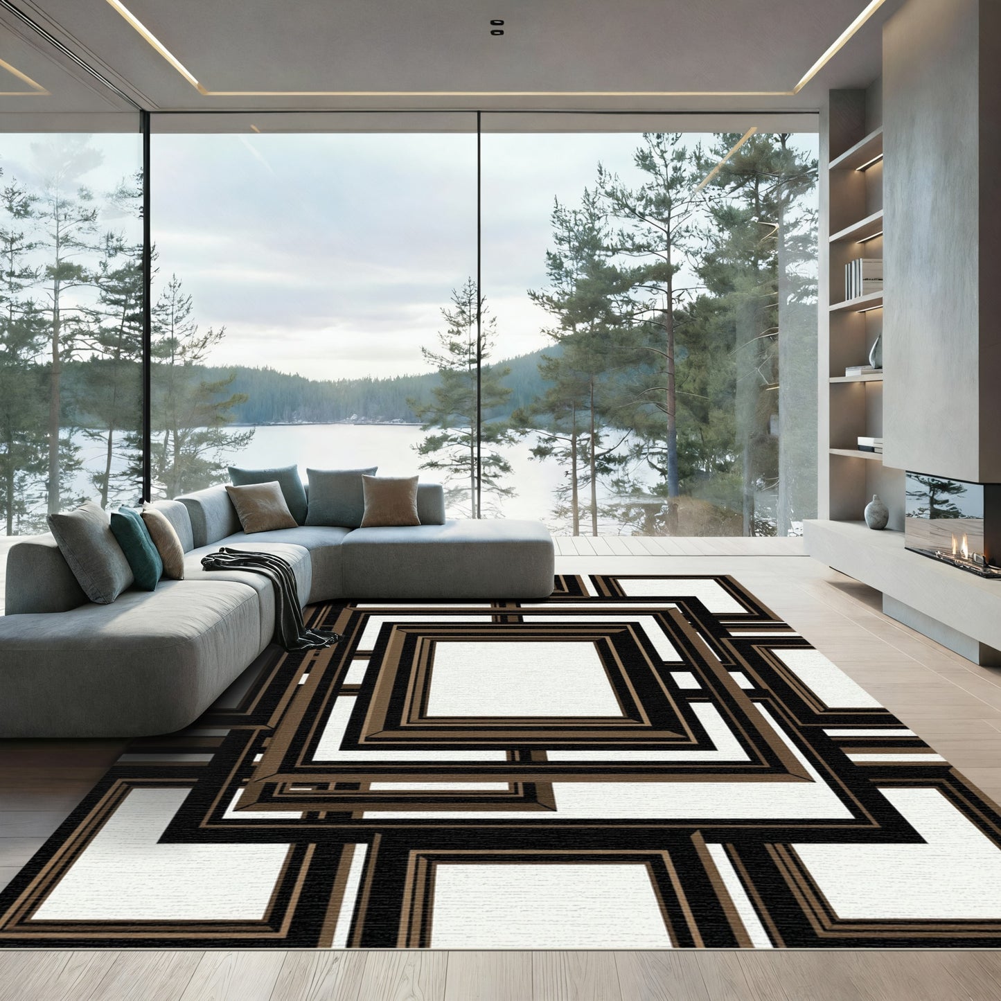 Brown Black Layered Square Composition Rug