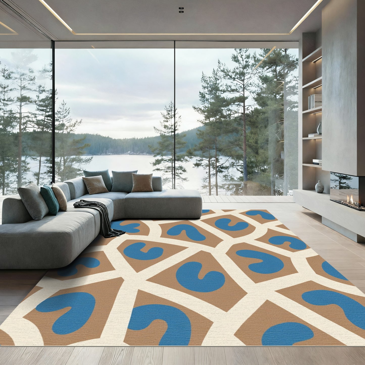 Brown Blue Organic Grid Arrangement Rug