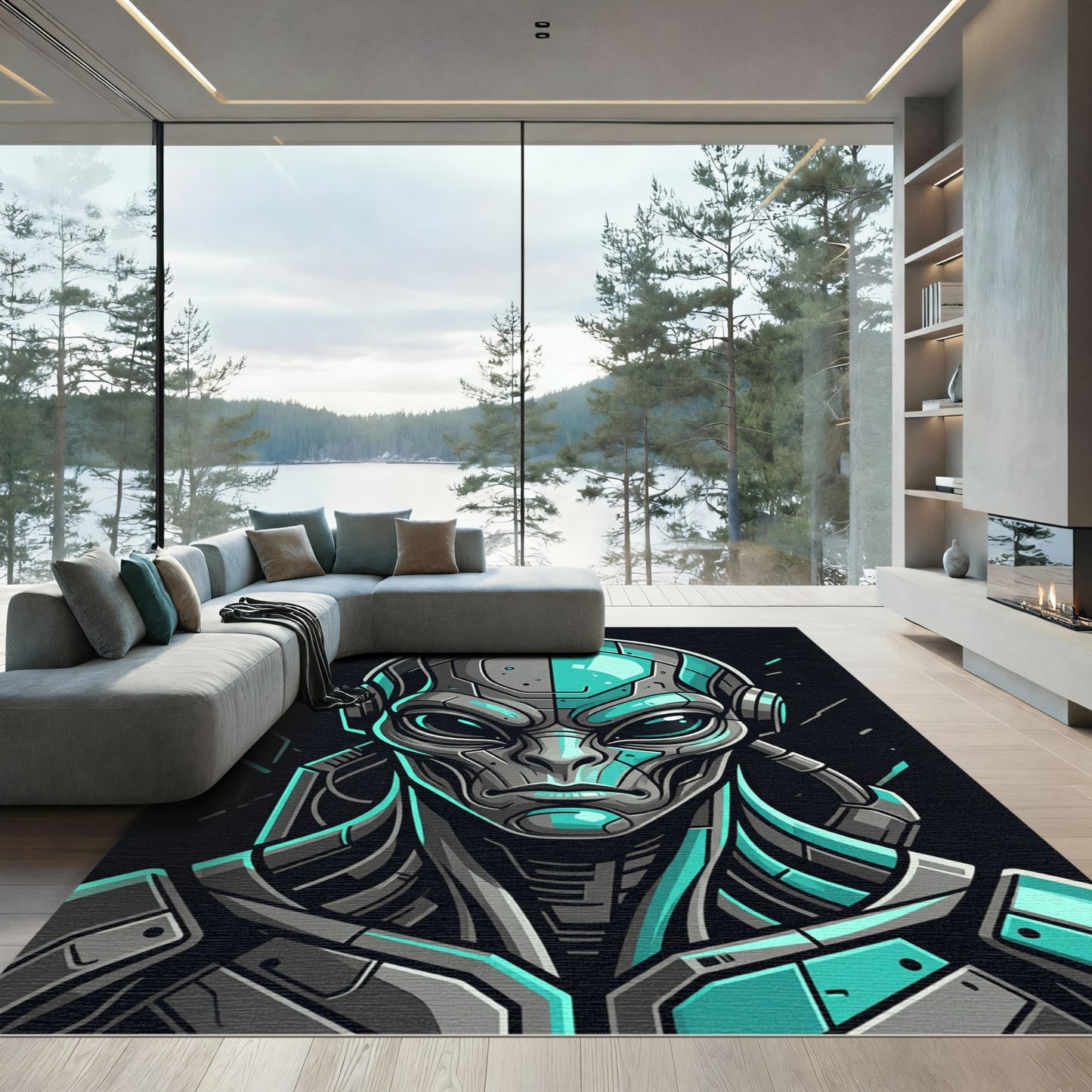 Cybernetic Teal Alien Portrait Graphic Rug