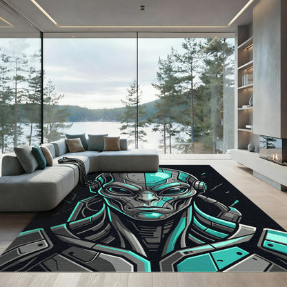 Cybernetic Teal Alien Portrait Graphic Rug