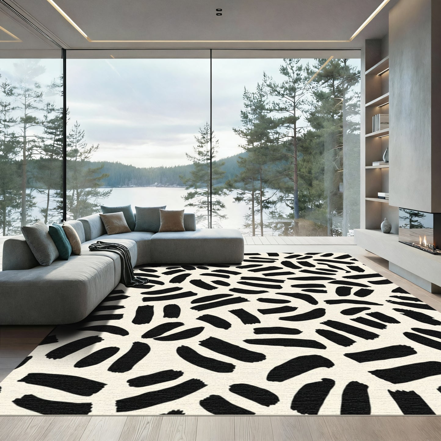 Black Brushstroke Abstract Cream Rug