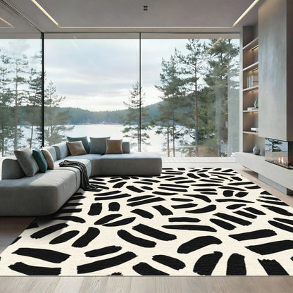 Black Brushstroke Abstract Cream Rug