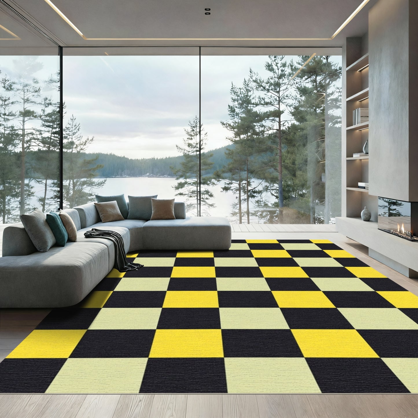 Black Yellow Checkerboard Squares Rug