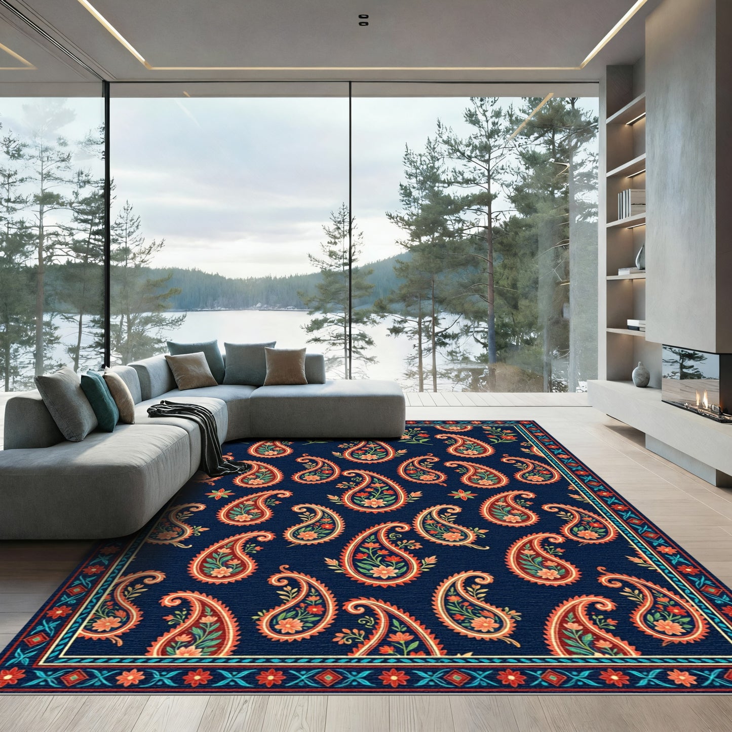Navy Blue Paisley Floral Medallion Rug