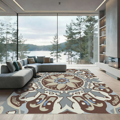 Brown Blue Mandala Sunburst Rug