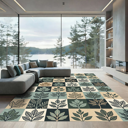 Earthy Tones Leafy Grid Composition Rug