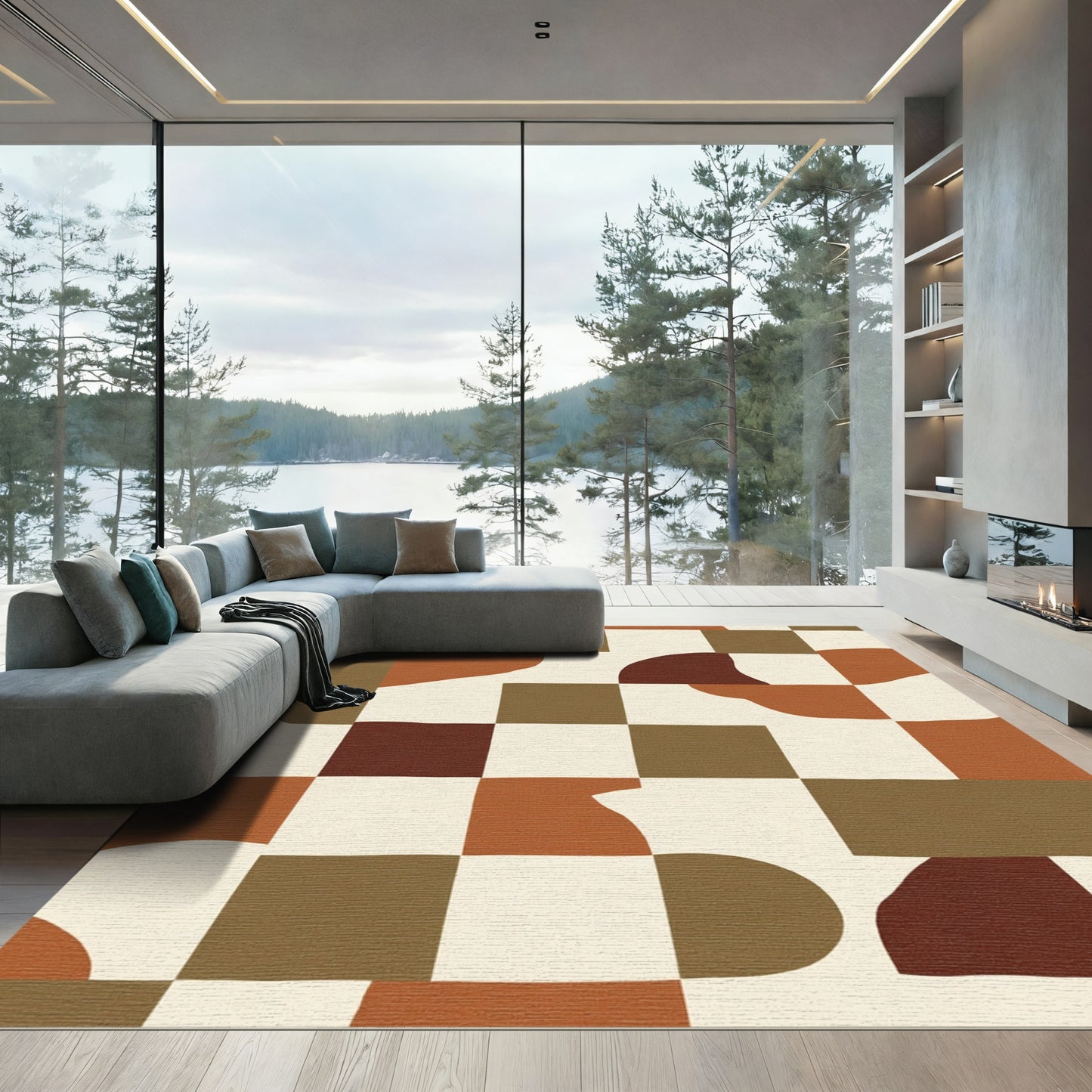 Earthy Abstract Patchwork Squares Rug