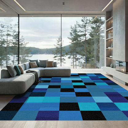 Modern Blue Black Geometric Squares Rug