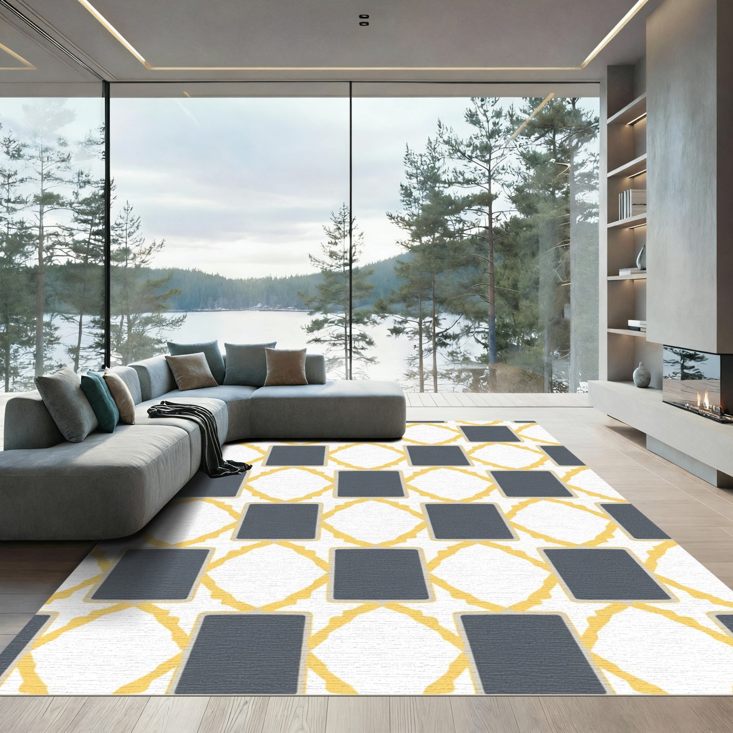 Gray Gold Lattice Squares Rug