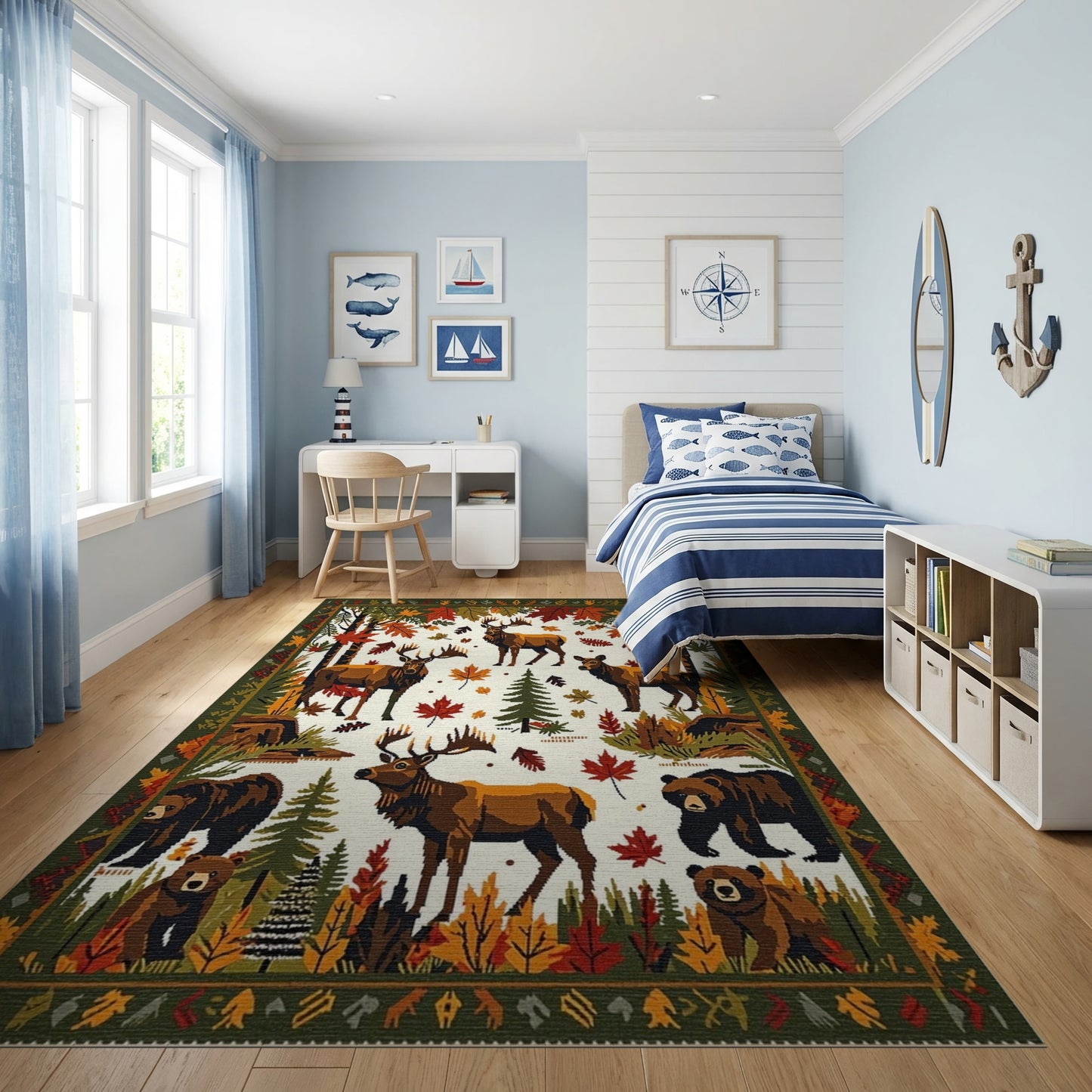 Rustic Autumn Elk Bear Forest Rug