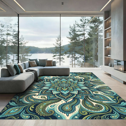 Teal Paisley Lotus Flourish Medallion Rug