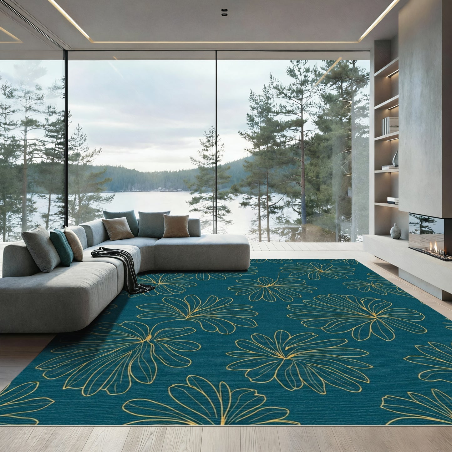 Golden Outline Floral Arrangement Rug