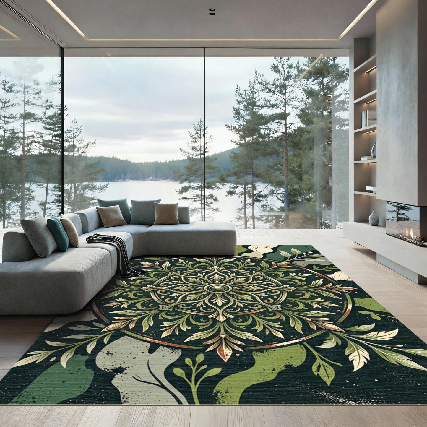 Elegant Olive Green Ornamental Floral Medallion Rug