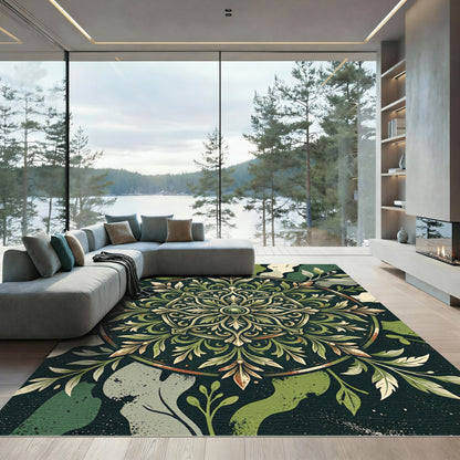 Elegant Olive Green Ornamental Floral Medallion Rug