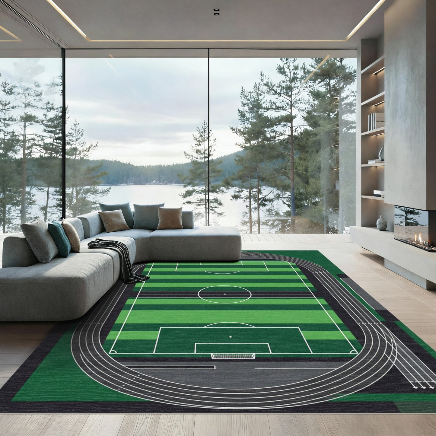 Geometric Green Soccer Pitch Field Rug