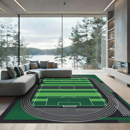 Geometric Green Soccer Pitch Field Rug