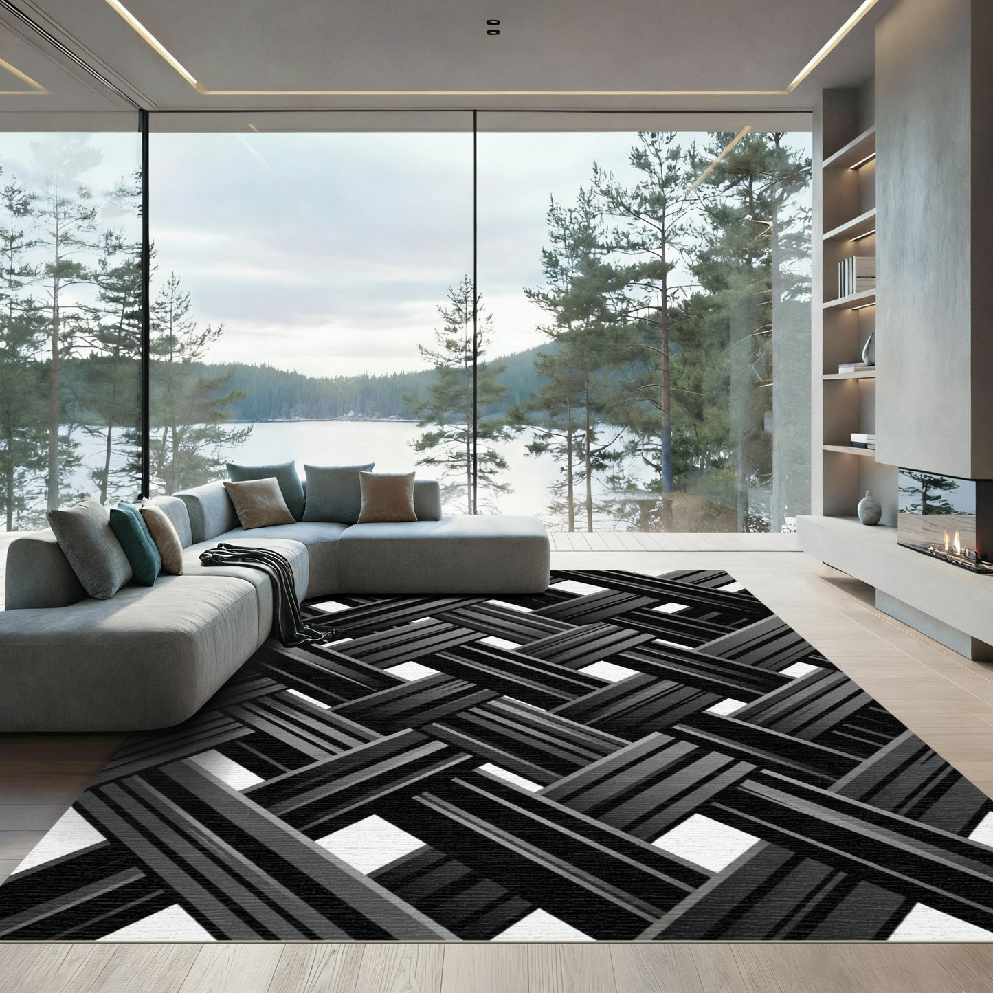 Monochrome Interwoven Charcoal Diagonal Grid Rug