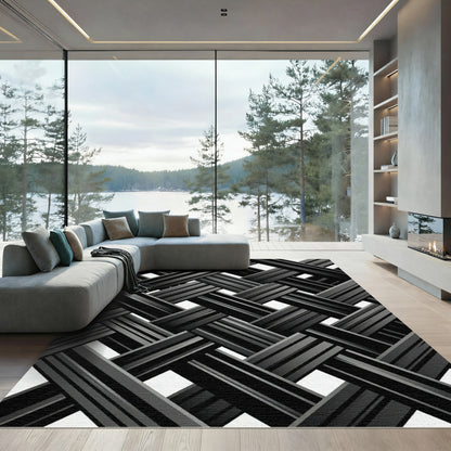 Monochrome Interwoven Charcoal Diagonal Grid Rug
