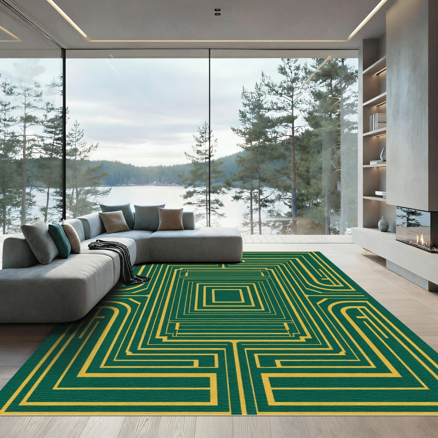 Green Gold Geometric Overlay Rug