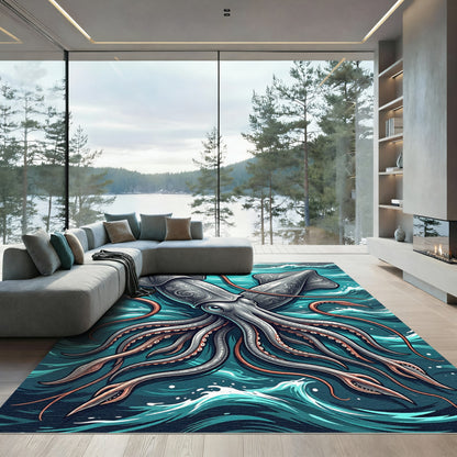 Intricate Silver Squid Ocean Waves Rug