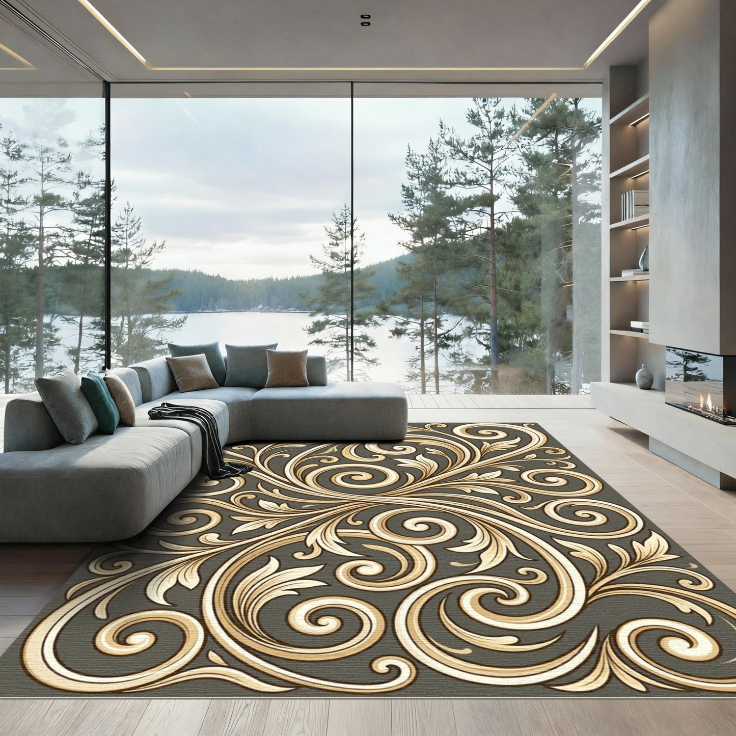 Elegant Gold Cream Scroll Filigree Rug