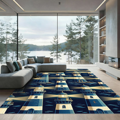Nautical Blue Striped Lighthouses Illumination Rug