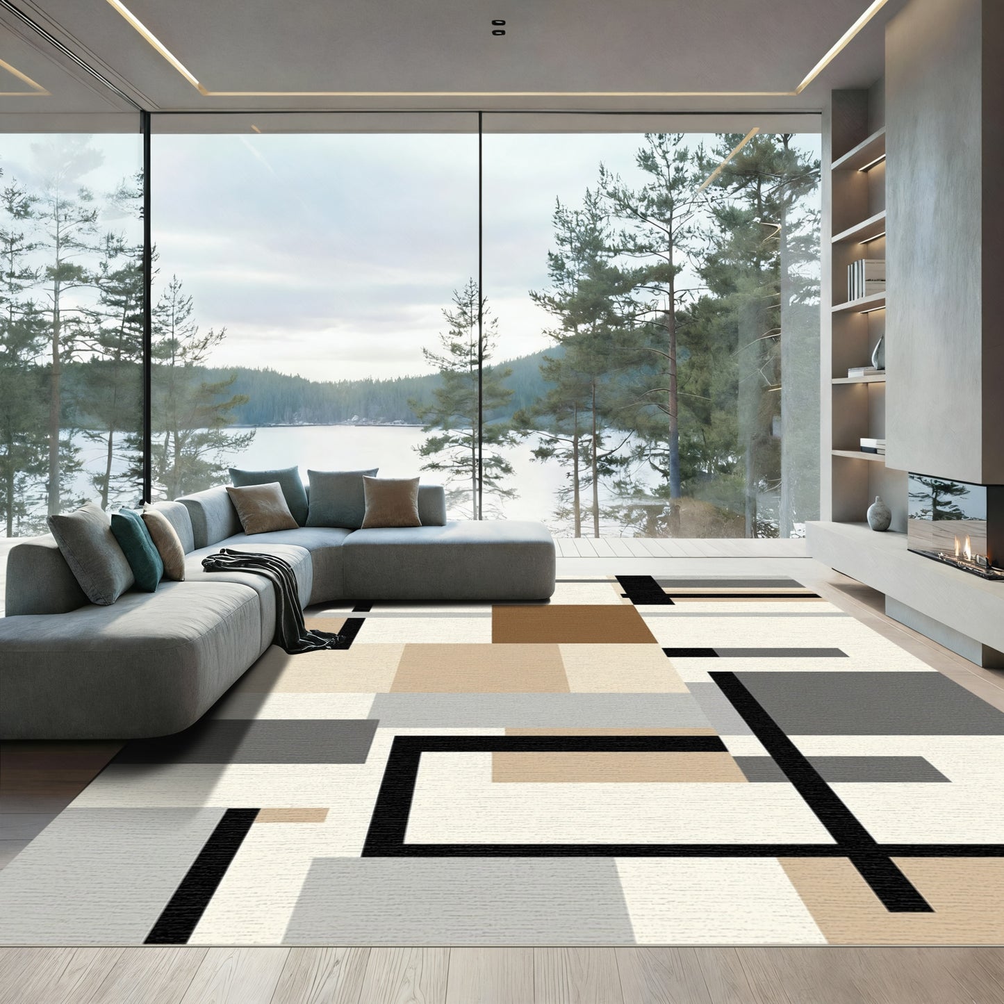 Modern Geometric Blocks Cream Earth Tones Rug