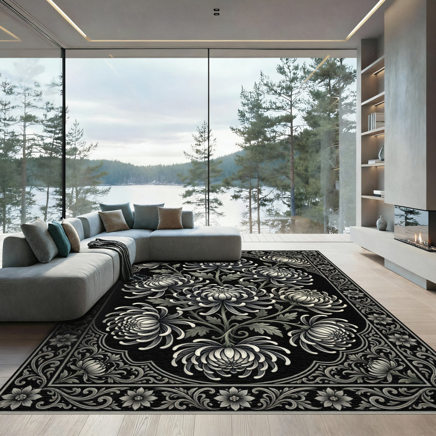 Elegant Monochrome Chrysanthemum Botanical Illustration Rug