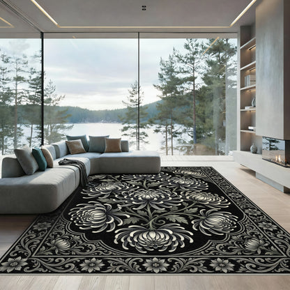 Elegant Monochrome Chrysanthemum Botanical Illustration Rug