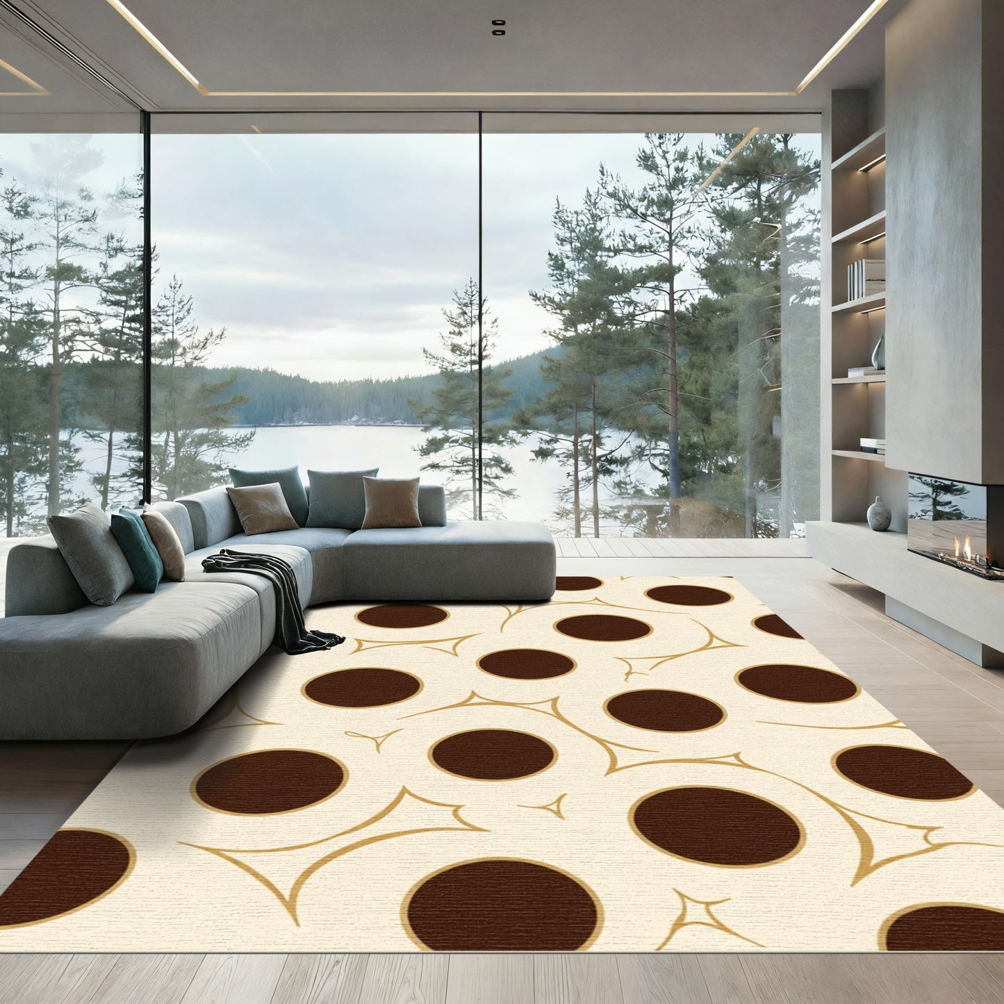 Cream Dark Gold Polka Dot Swirl Rug