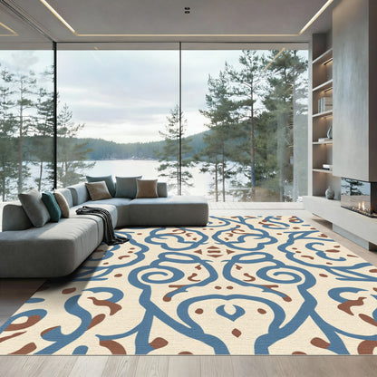 Cream Blue Brown Serpentine Swirls Rug