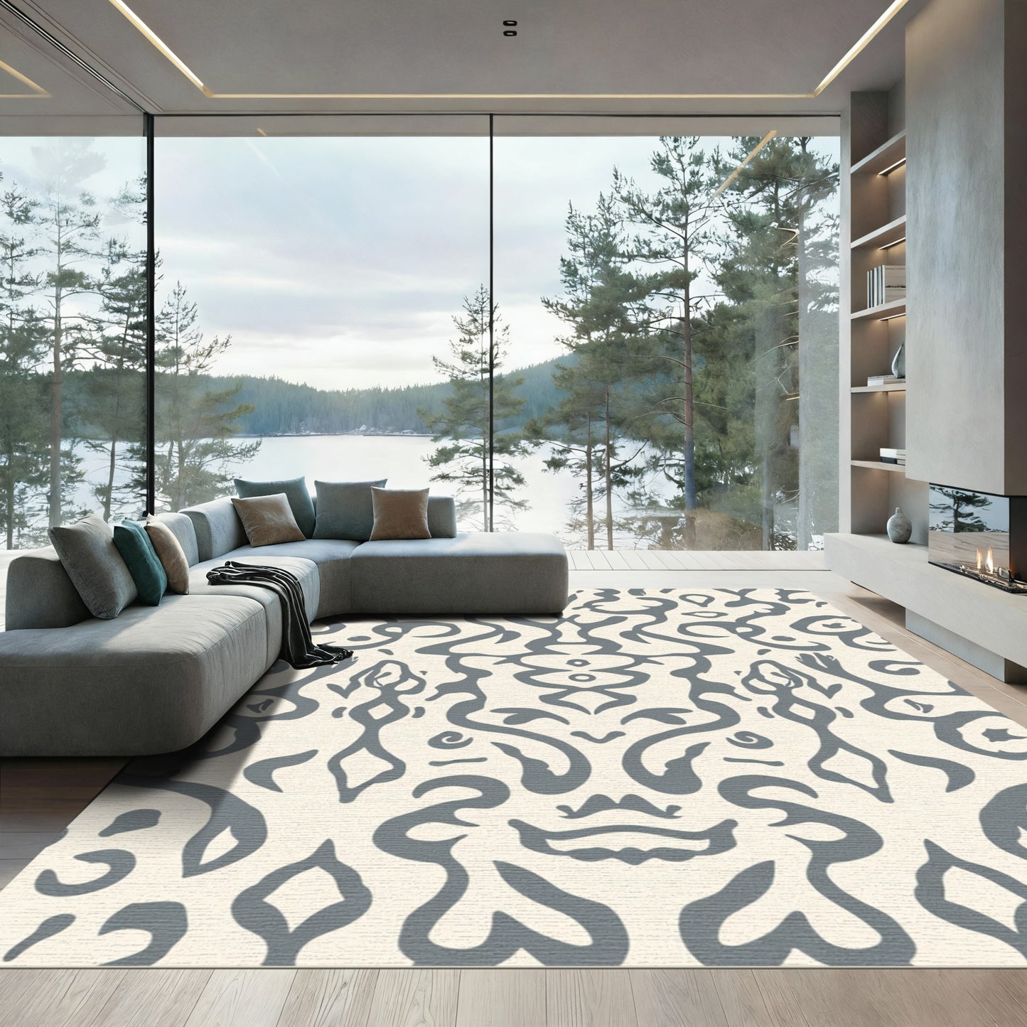 Gray and Cream Classic Scroll Rug