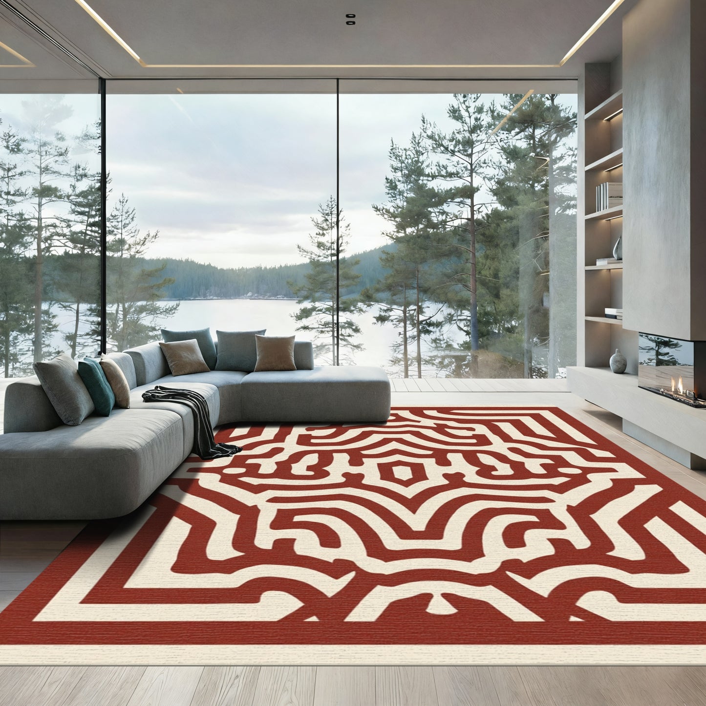 Crimson Cream Abstract Labyrinth Rug